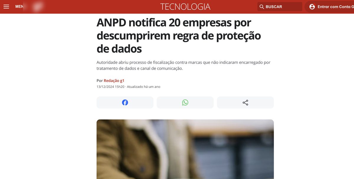Notícia: ANPD notifica 20 empresas por descumprirem regra de proteção de dados