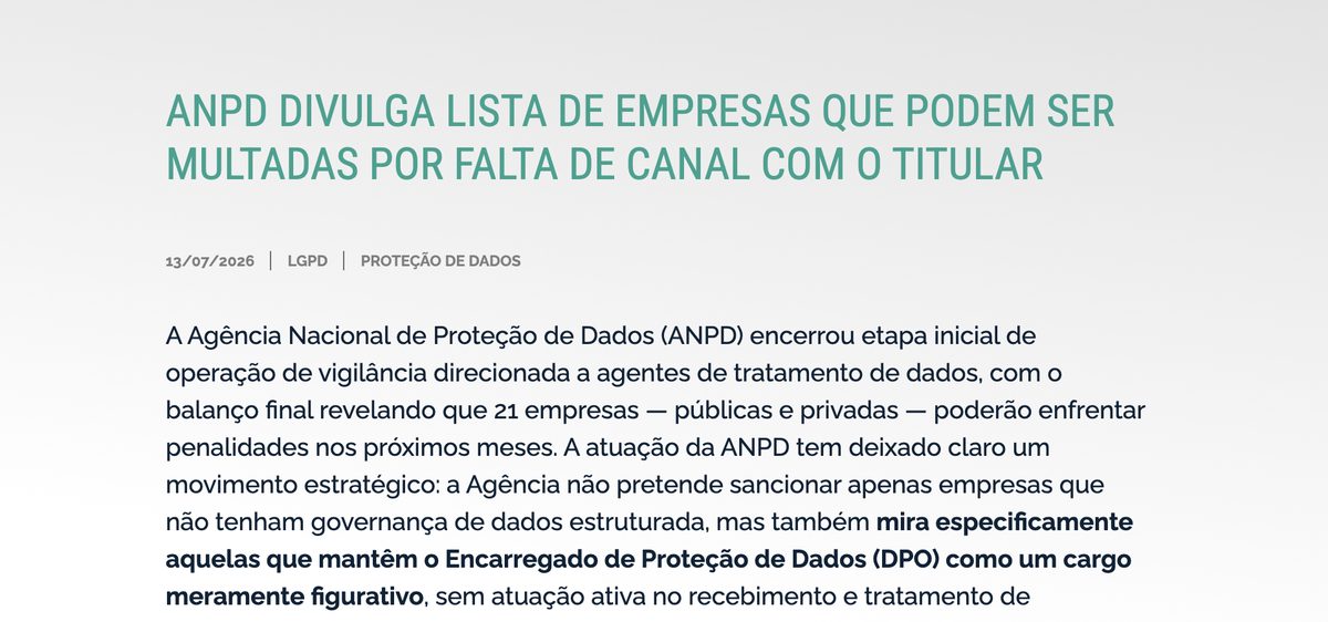 Notícia: ANPD divulga lista de empresas que podem ser multadas por falta de canal com o titular